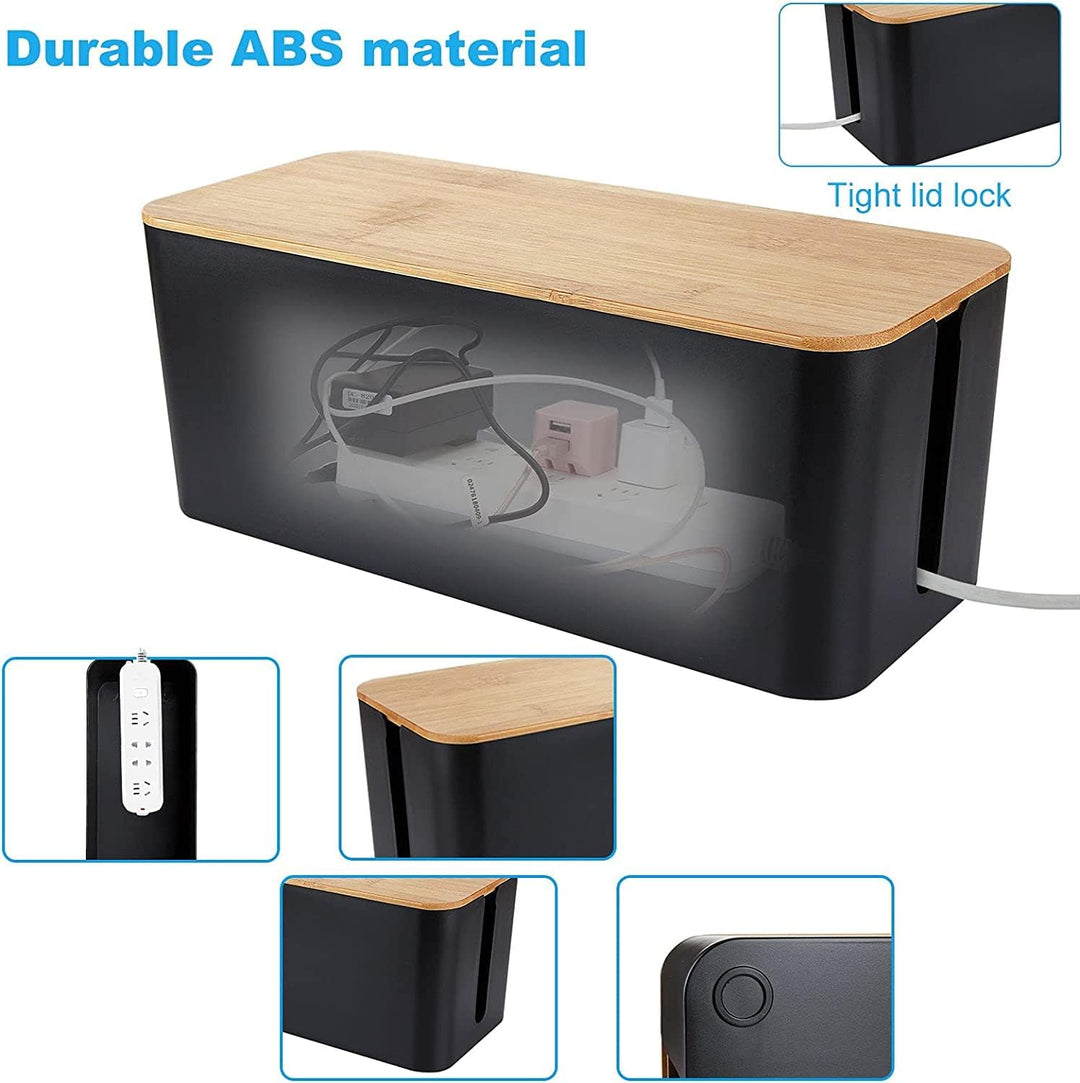 SENENQU 3er-Set Kabelbox Schwarz, Grosse Kabel Organizer Box mit Holzdeckel für Kabel, Grosse und Kl