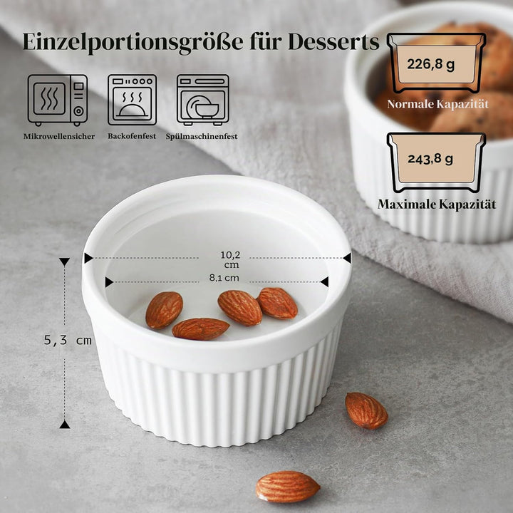 DOWAN Creme Brulee Schälchen Set, 6X 235ml Antihaft Souffle Förmchen Backofenfest, Porzellan Ramekin