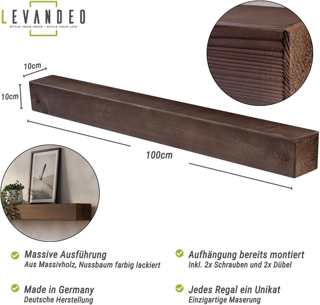 levandeo Wandregal Holz Massiv 100x10cm Nussbaum Farbig Wandboard Vintage Rustikal Design Natur Rega