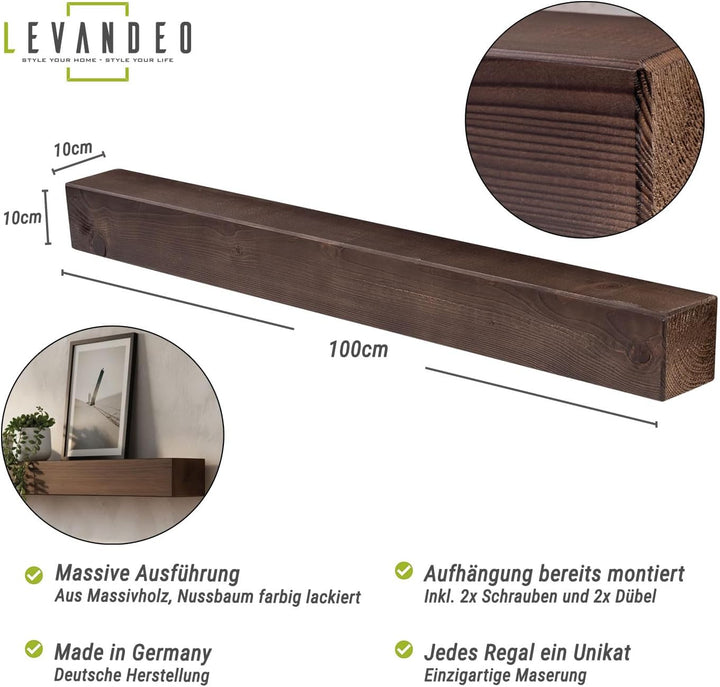 levandeo Wandregal Holz Massiv 100x10cm Nussbaum Farbig Wandboard Vintage Rustikal Design Natur Rega
