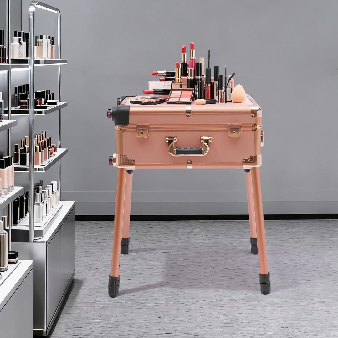 Kosmetikkoffer Trolley mit Spiegel und Licht Mobile Schminkstation Tisch, Einstellbare Höhe und Hell