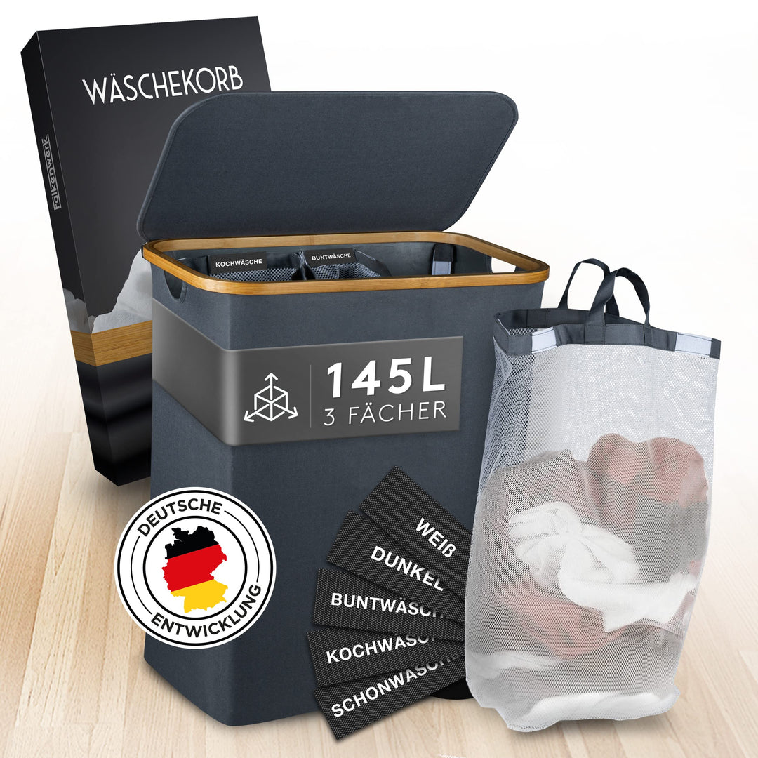FALKENWERK Wäschekorb mit Deckel 145L - Wasserabweisender Wäschesammler 3 Fächer &amp; herausnehmbaren W