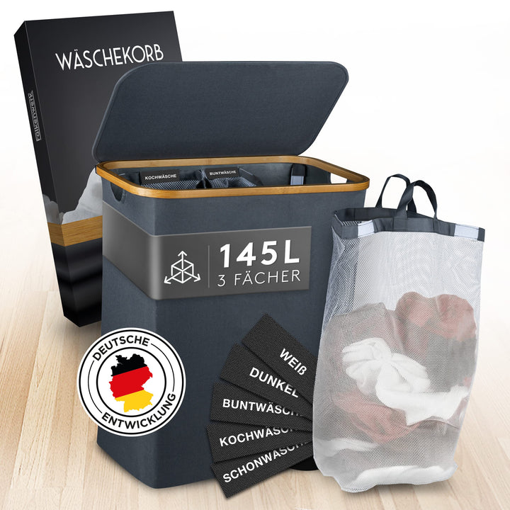 FALKENWERK Wäschekorb mit Deckel 145L - Wasserabweisender Wäschesammler 3 Fächer &amp; herausnehmbaren W