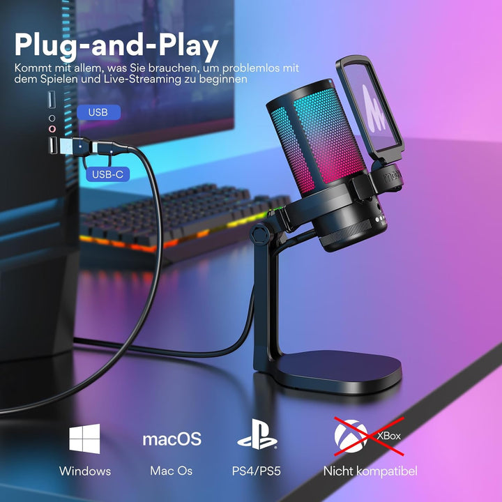 MAONO USB Gaming Mikrofon für PC, Kondensatormikrofon mit RGB-Leuchten für Streaming, Aufnahme, Podc