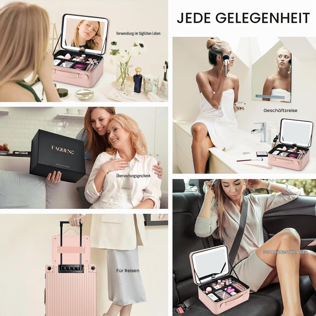 Leder-Kosmetiktasche mit LED-beleuchtetem Spiegel Reise-Kosmetikkoffer Einstellbare Helligkeit in 3