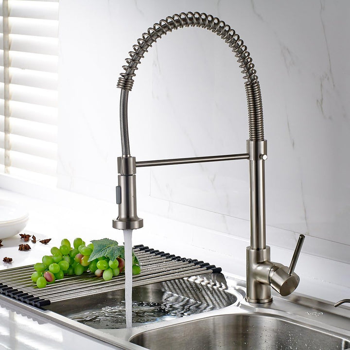 Timaco Wasserhahn Küche Einhandmischer für Küchen Spüle Gebürsteter Nickel Geschirrbrause Federbraus