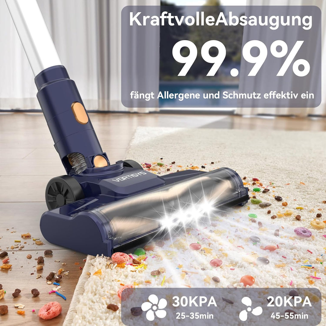Akku Staubsauger 45KPa / 350W, Staubsauger Kabellos mit 4 × HEPA, V-förmige Anti-Tangle-Bürste, HEPA