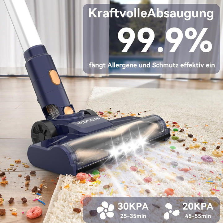 Akku Staubsauger 45KPa / 350W, Staubsauger Kabellos mit 4 × HEPA, V-förmige Anti-Tangle-Bürste, HEPA