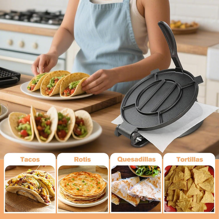 Tortilla Presse - Gusseisen Tortilla Presse 25cm, Roti Maker, Pre-Seasoned Tortilla Maker, Heavy- Du