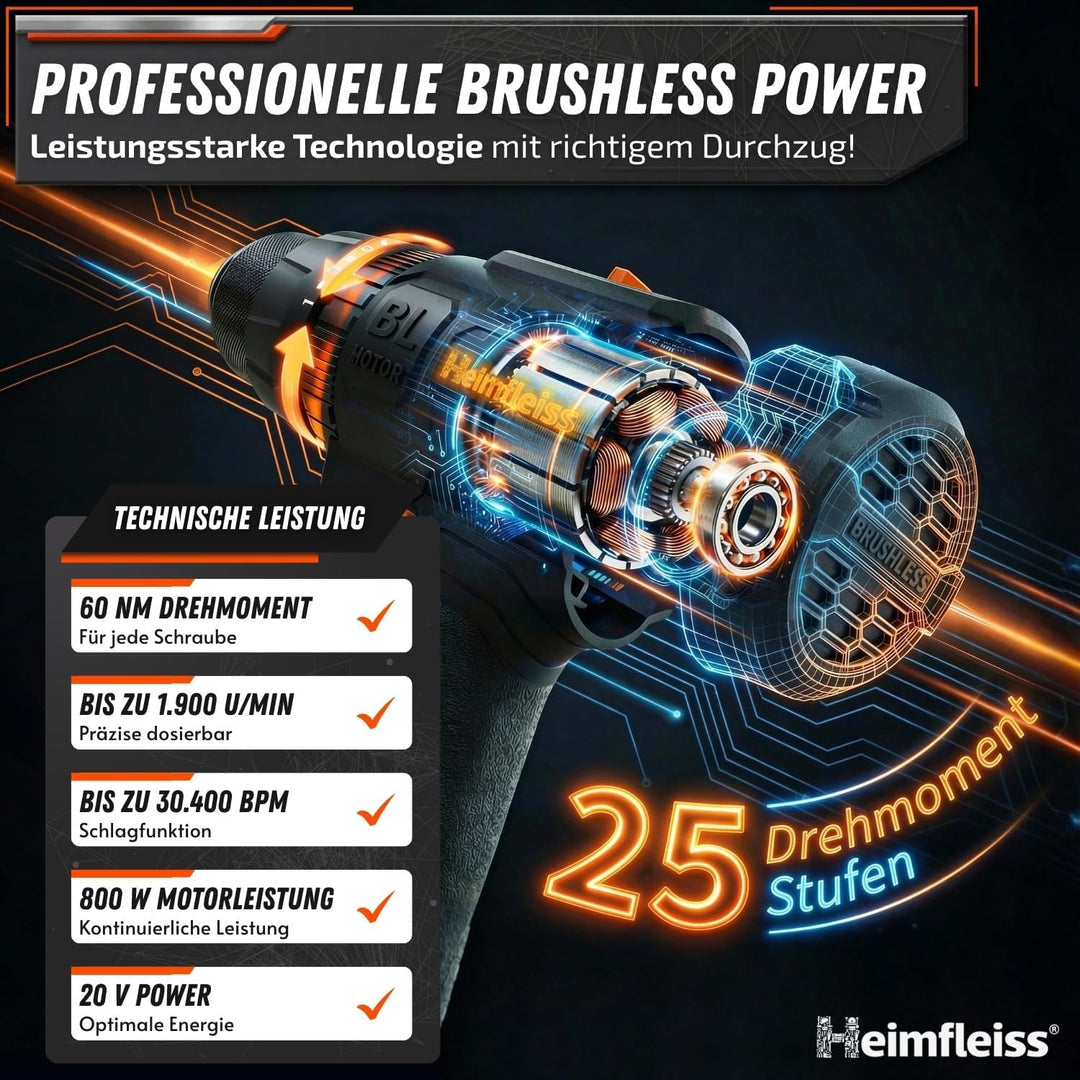 Heimfleiss® Professional 20V Akkuschrauber Set | 3-in-1 Akku Schlagbohrschrauber inkl. 2x 2.0Ah Akku