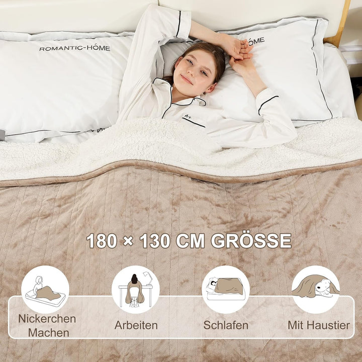 COZYTY Heizdecke mit Abschaltautomatik 130x180cm – Flanell Elektrische Wärmedecke, 6 Heizstufen &10-