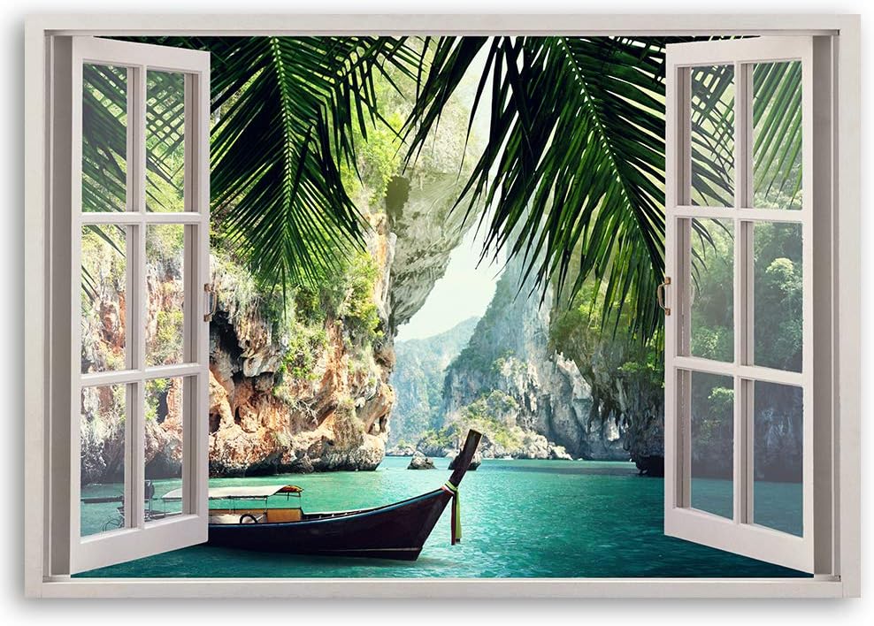 Feeby Leinwand Bilder - Fensterblick Natur- 90x60 cm- Deko Wohnzimmer - Wandbilder Schlafzimmer - De