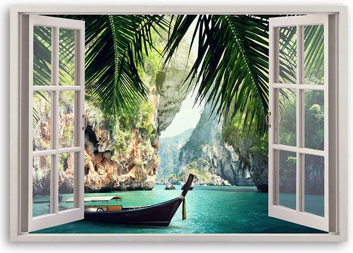 Feeby Viles - Leinwand Bilder - Fensterblick Natur- 120x80 cm- Deko Wohnzimmer - Wandbilder Schlafzi