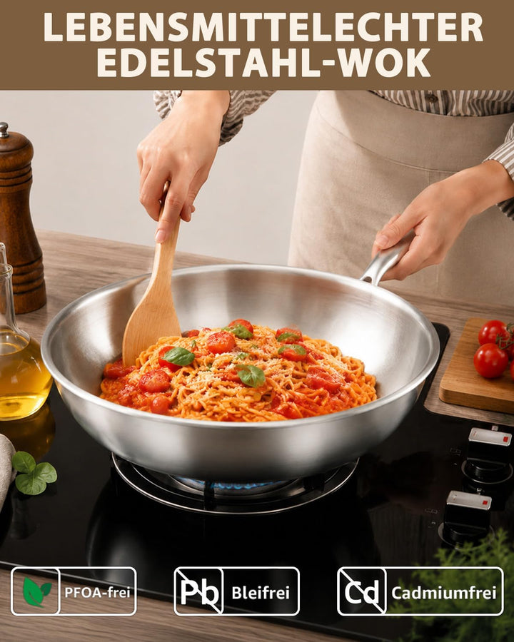 LOLYKITCH Wok 30 cm, unbeschichtete Edelstahl-Wokpfanne mit Glasdeckel | Abnehmbarer Griff | Tri-Ply