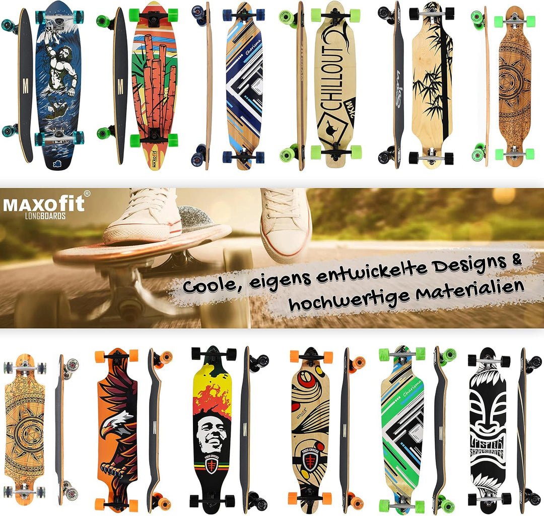 MAXOfit Longboard in verschiedenen Designs mit hochwertigen Ahorn/Bambus Decks für Anfänger und Fort