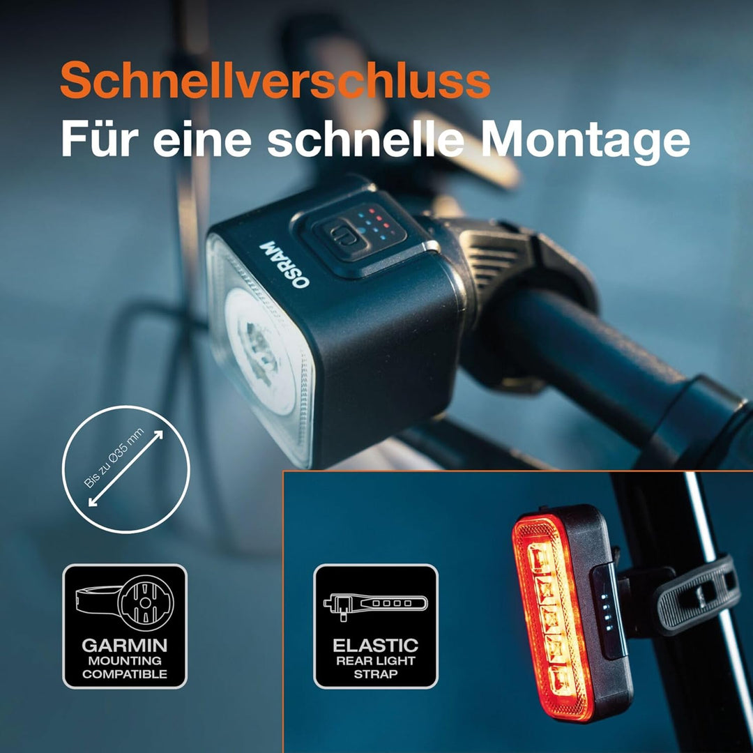 OSRAM LEDsBIKE COMPACT 100 Set, wiederaufladbares Fahrradlicht-Set – Vorder- und Rücklicht, mit Brem