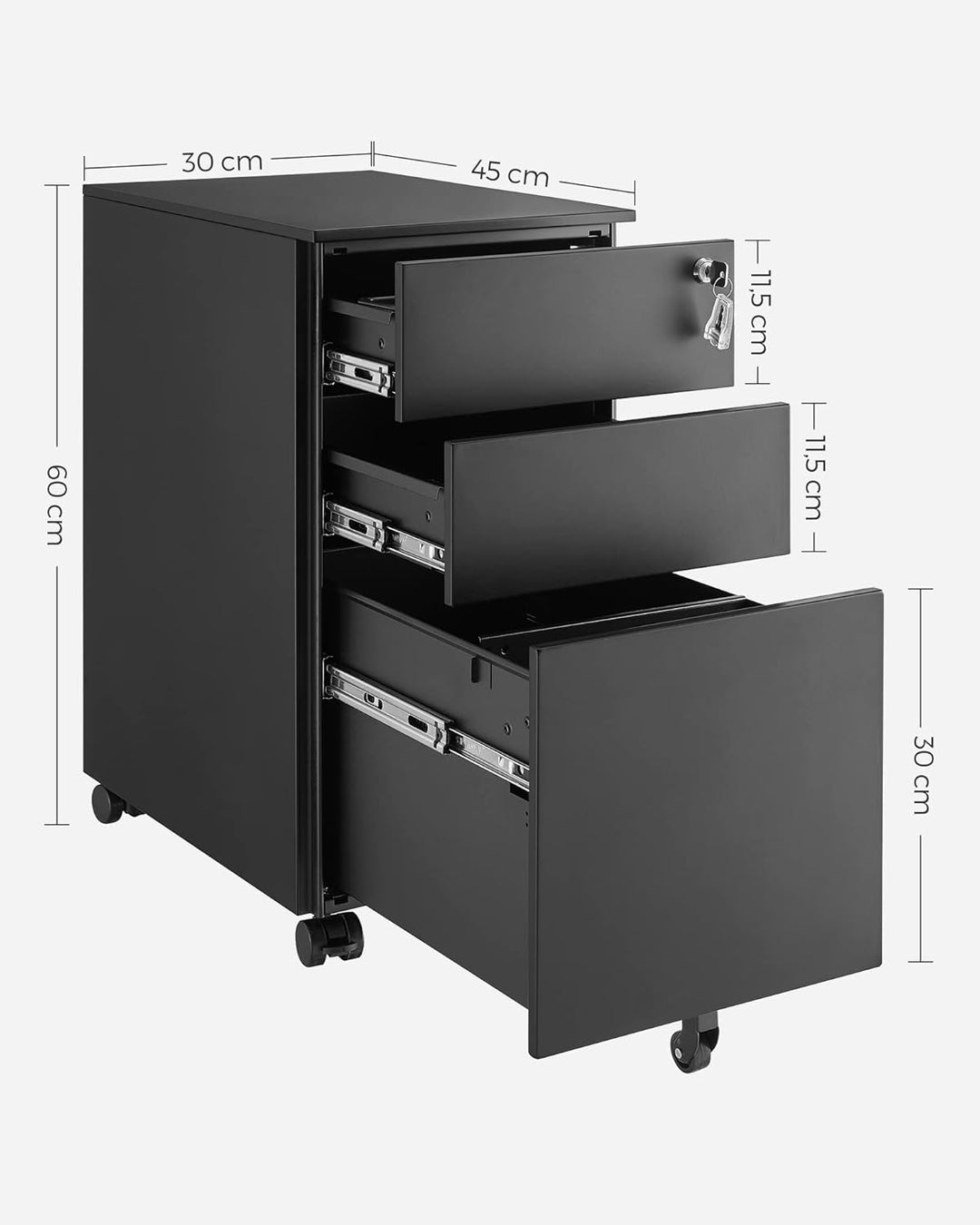 SONGMICS Rollcontainer, unter Schreibtisch, mit 3 Schublade, vormontiert, abschliessbarer Büroschran