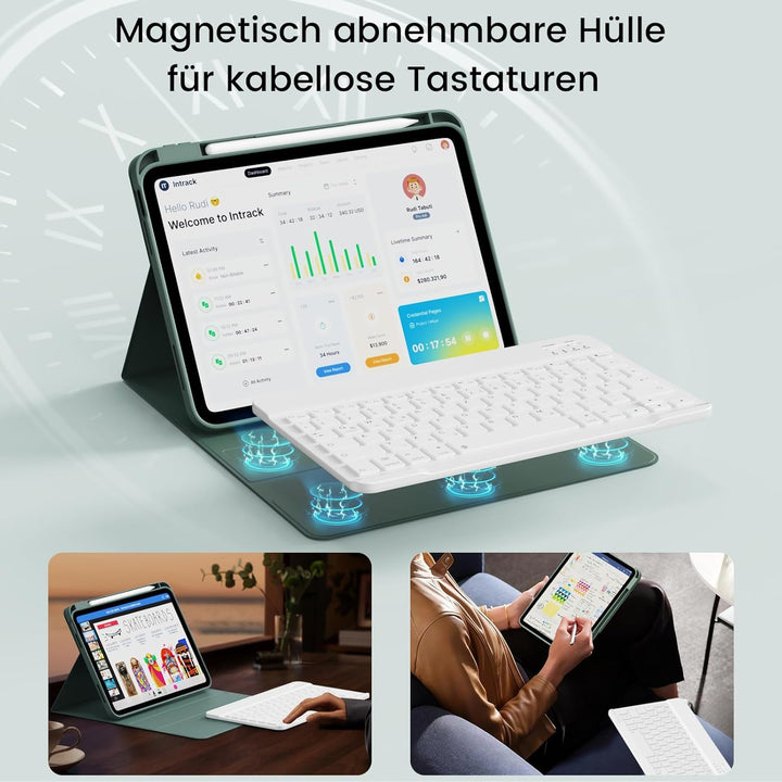 Hülle mit Tastatur für iPad 11/10 Generation mit Stifthalter, Magnetisch Abnehmbare Kabellose Blueto