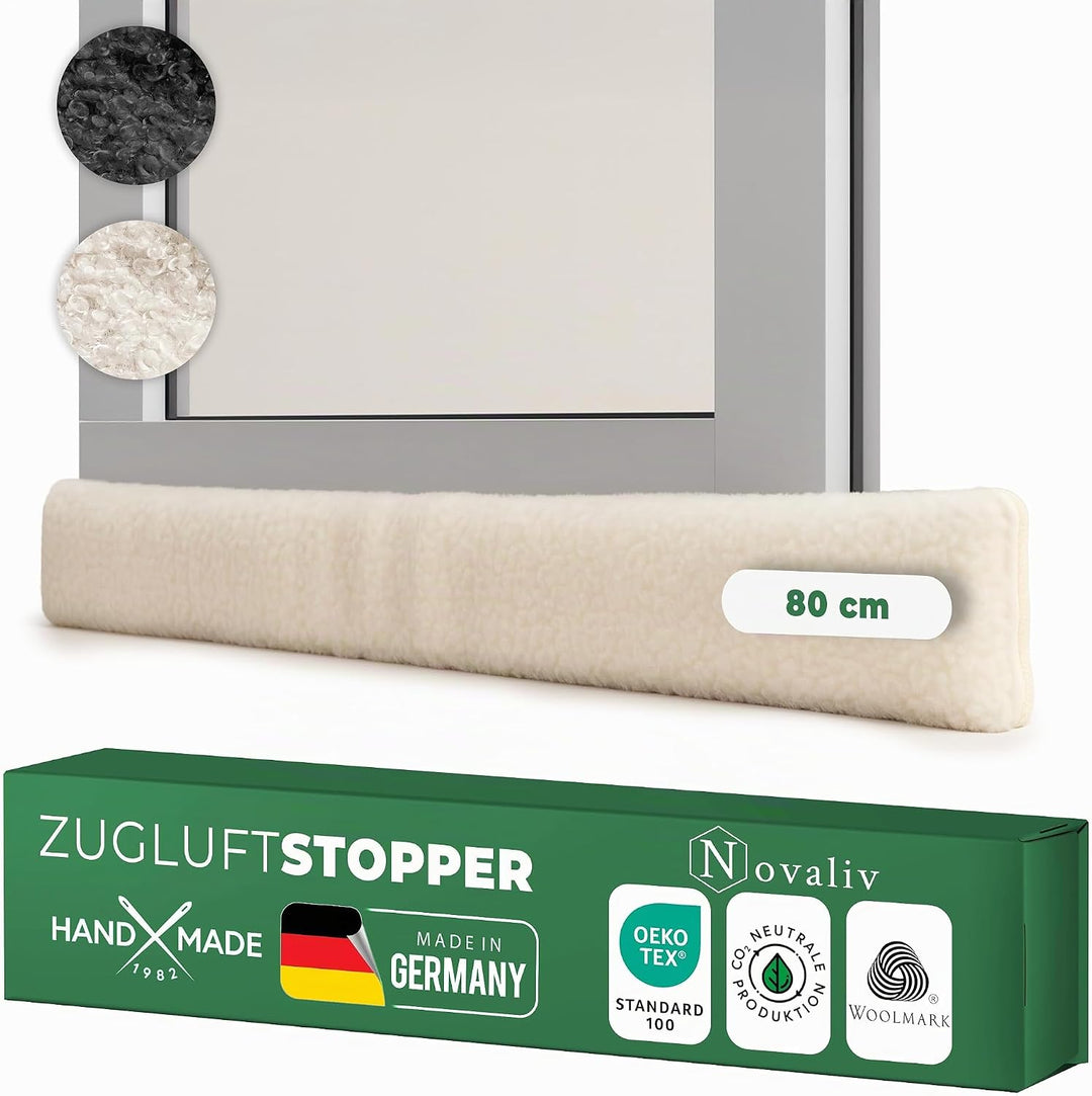 Zugluftstopper für Türen 80cm Natur Schurwolle – stoppt Zugluft &amp; Kälte, dämpft Lärm/Staub/Licht, ru