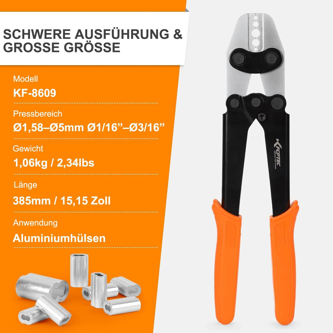 KF CPTEC Drahtseil Crimpzange 1/16"–3/16" (1,58–5,0 mm) – Hülsen Presszange/Quetschzange für Alumini