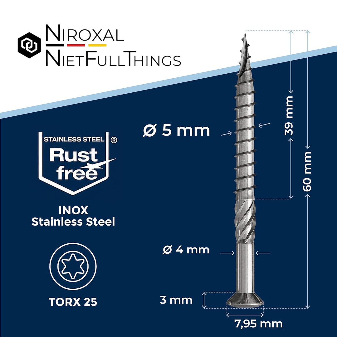 Terrassenschrauben 5x60 Edelstahl A2 Linsenkopfschrauben Torx Schrauben 5mm stark 400 Stück Holzschr