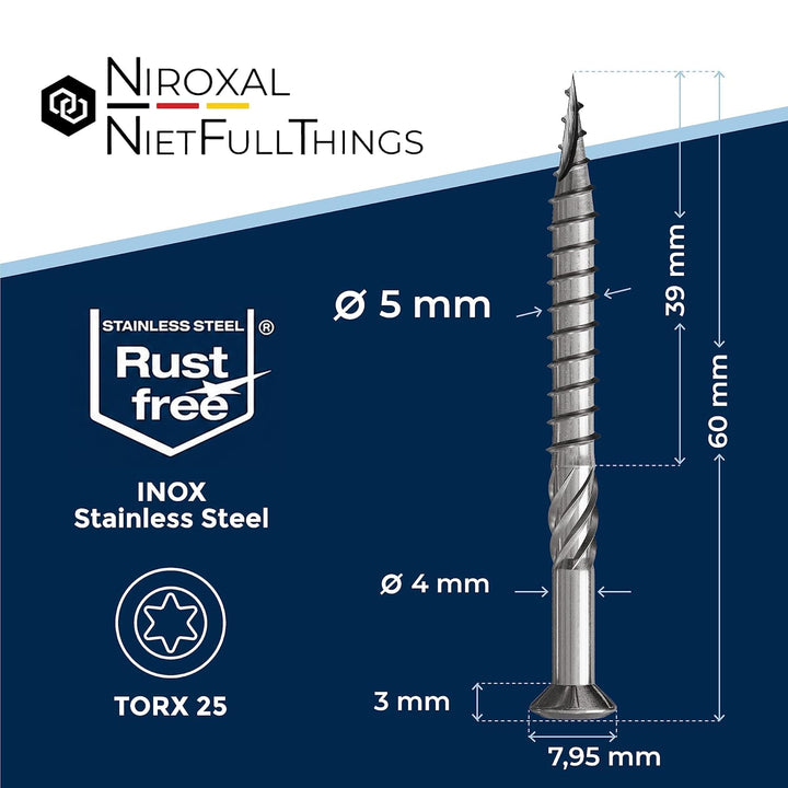 Terrassenschrauben 5x60 Edelstahl A2 Linsenkopfschrauben Torx Schrauben 5mm stark 400 Stück Holzschr