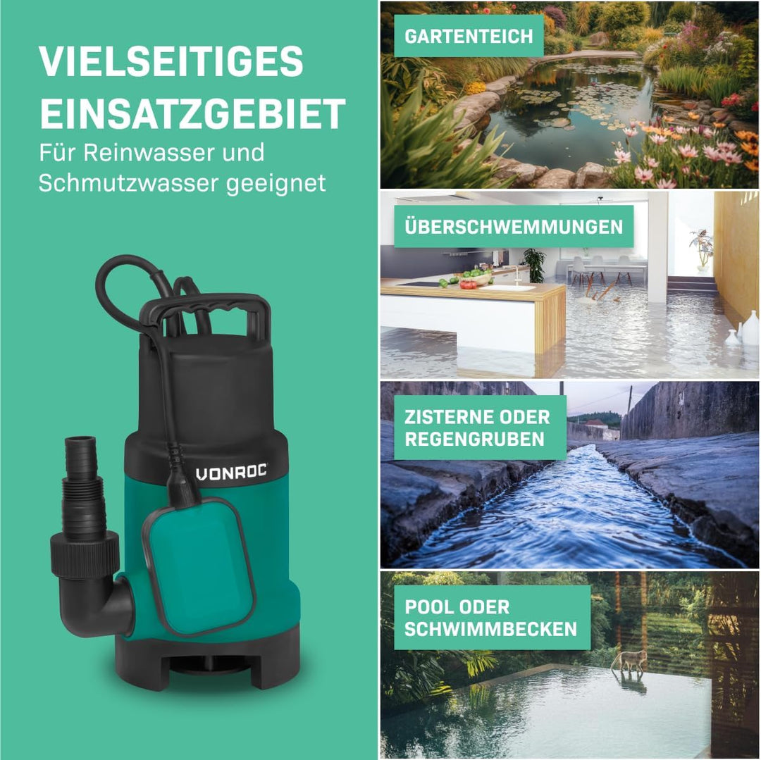 VONROC Tauchpumpe Schmutzwasserpumpe - Wasserpumpe für Schmutzwasser Keller - Flachsaugend - Gartenp