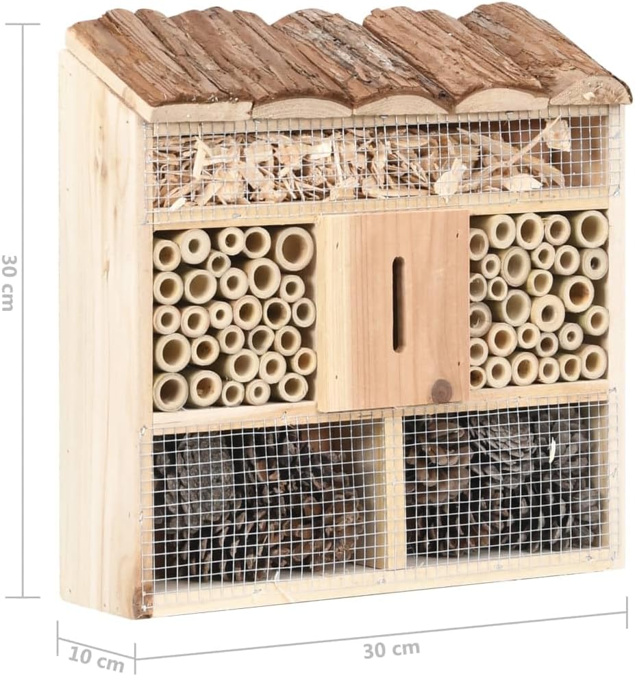 Insektenhotel aus Tannenholz 30x10x30 cm mit Nistkasten und Fächern für Wildbiene, Marienkäfer, Schm