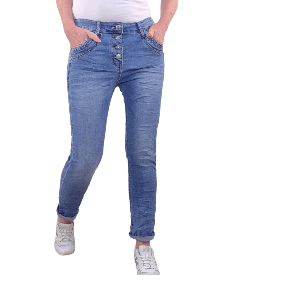 Karostar Damen Boyfriend Stretch Jeans mit offener Knopfleiste L Denim Special Pocket, L Denim Speci