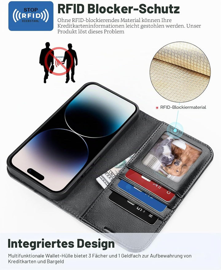 OCASE iPhone 14 Pro Hülle(2in1) Leder Stossfestes Case, Abnehmbare magnetische Hülle, MitHandschlauf