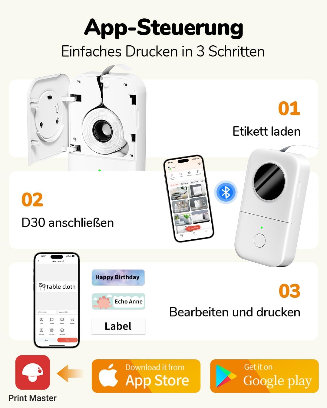 Phomemo D30 Bluetooth Etikettendrucker - Mini Beschriftungsgerät Selbstklebend Thermo Etikettiergerä