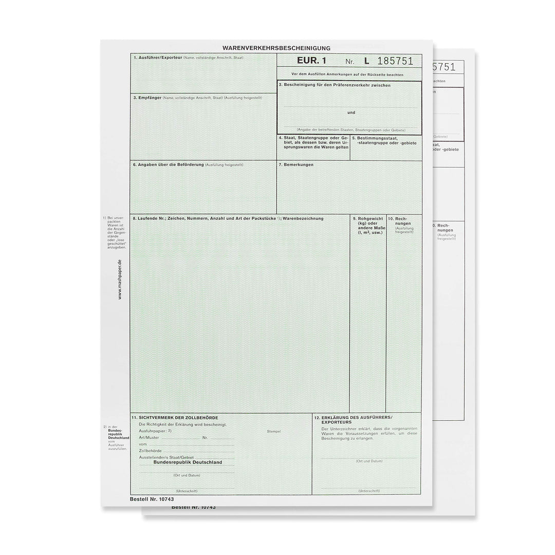 EUR1 EUR.1 Warenverkehrsbescheinigung Formular für Laserdrucker (50 Stck), 50 Stck