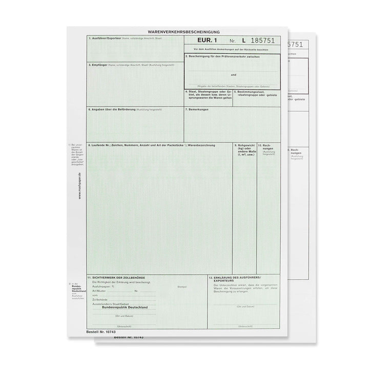 EUR1 EUR.1 Warenverkehrsbescheinigung Formular für Laserdrucker (50 Stck), 50 Stck