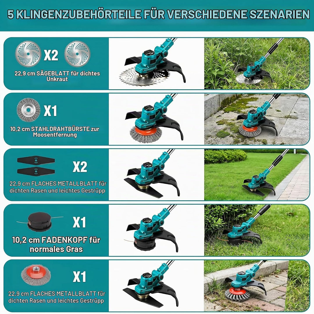Bürstenlose Rasentrimmer 21V，Rasentrimmer für mit Unkrautbürste, mit 4 Klingentypen, Freischneider E