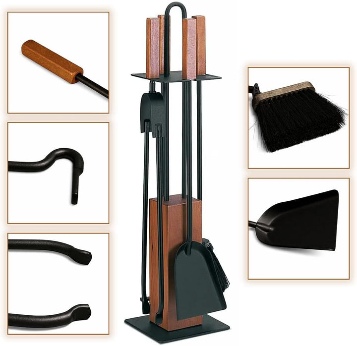 MS Beschläge Kaminbesteck schwarz Stahl mit Holzgriff Eiche – Kamingarnitur 5-teilig mit Ständer, Be