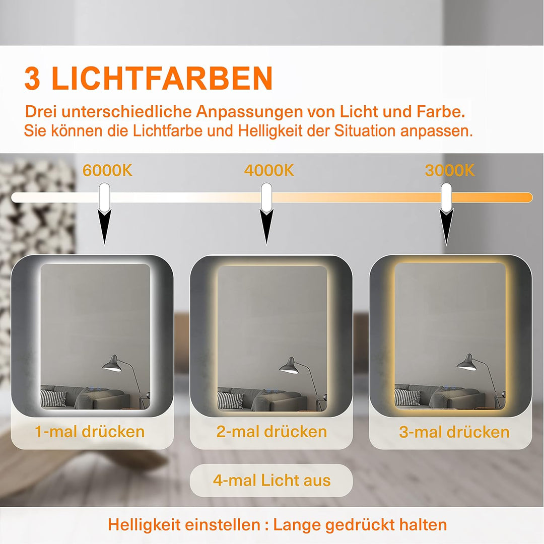 PUCHIKA LED Badspiegel, Spiegel mit Beleuchtung, 60x80cm Dimmbar, Badezimmerspiegel, Wandspiegel mit