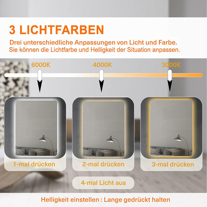 PUCHIKA LED Badspiegel, Spiegel mit Beleuchtung, 60x80cm Dimmbar, Badezimmerspiegel, Wandspiegel mit