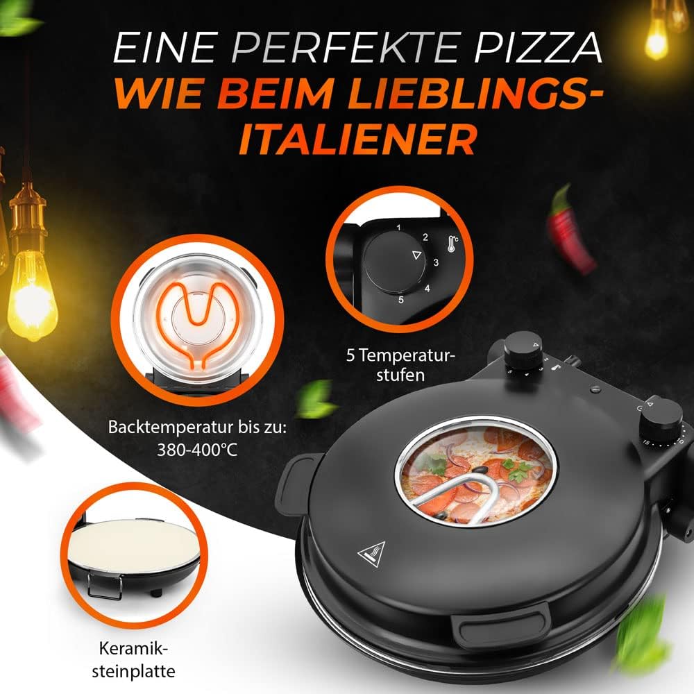 Bituxx Pizzaofen Pizza Maker Lahmacun Express Miniofen 1200W 400°C Keramiksteinplatte