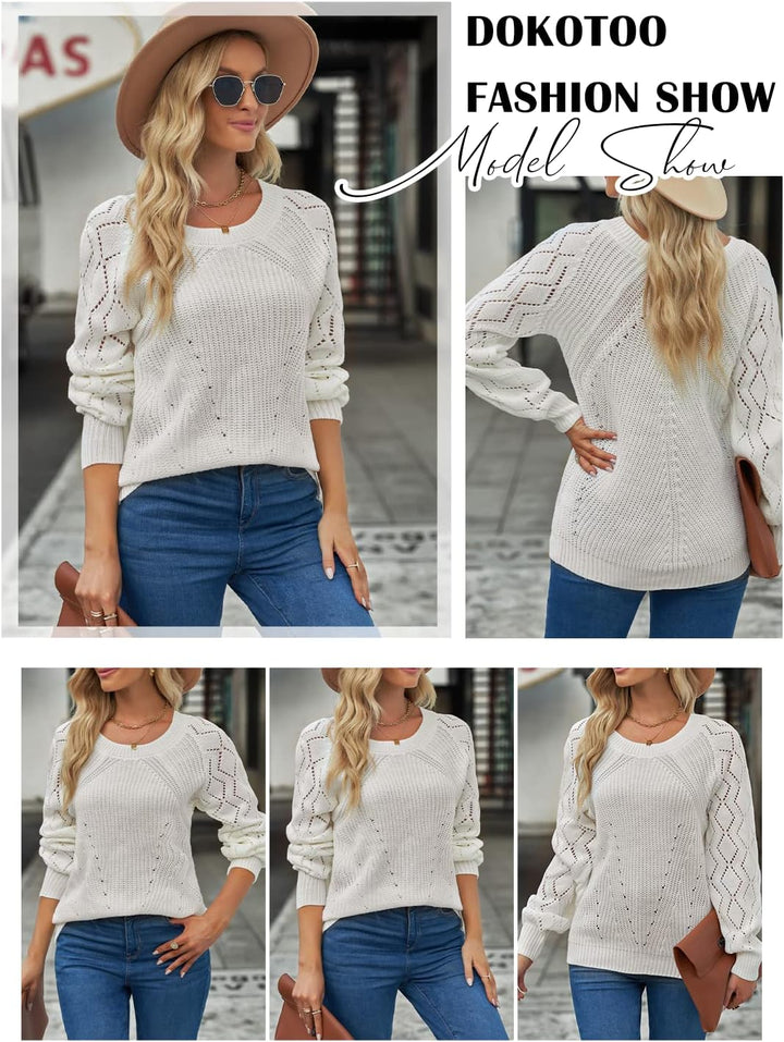 Dokotoo Damen Strickpullover Elegant Rundhals Pullover Langarm Grobstrick Pulli Herbst Winter Einfar