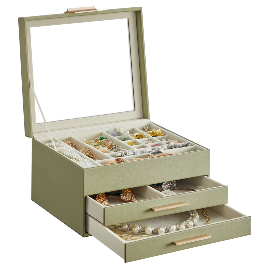 SONGMICS Schmuckkästchen, Schmuckkasten 3 Ebenen, Schmuckbox mit Glasdeckel, 2 Schubladen, Schmuckau