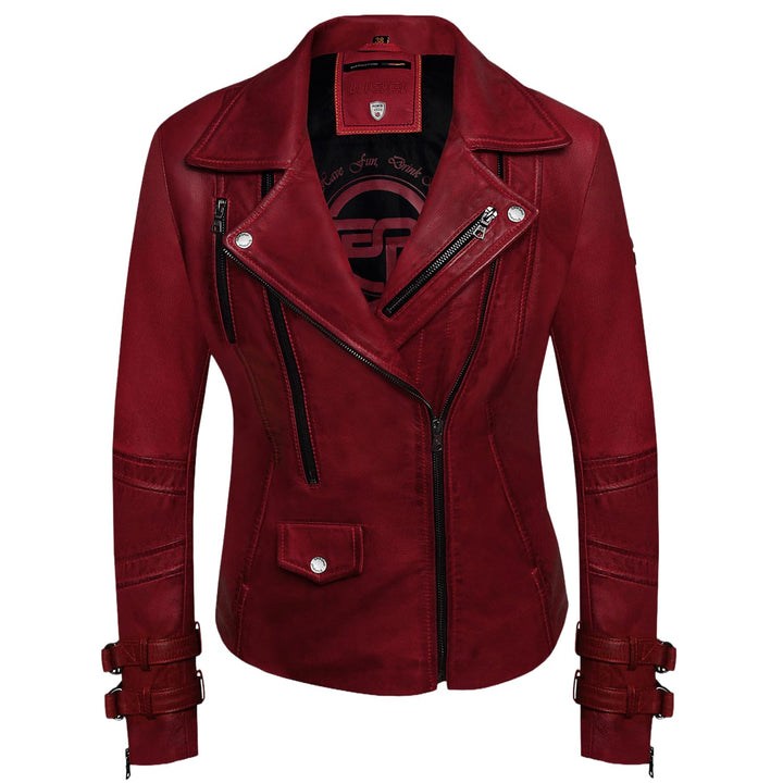 Bluepiel Poula Damen Lederjacke - Modernen Biker-Look - Echt Leder Jacke Rot Tailliert mit Reverskra
