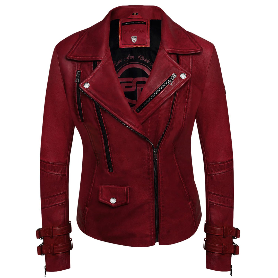 Poula Damen Lederjacke - Modernen Biker-Look - Echt Leder Jacke Rot Tailliert mit Reverskragen aus f