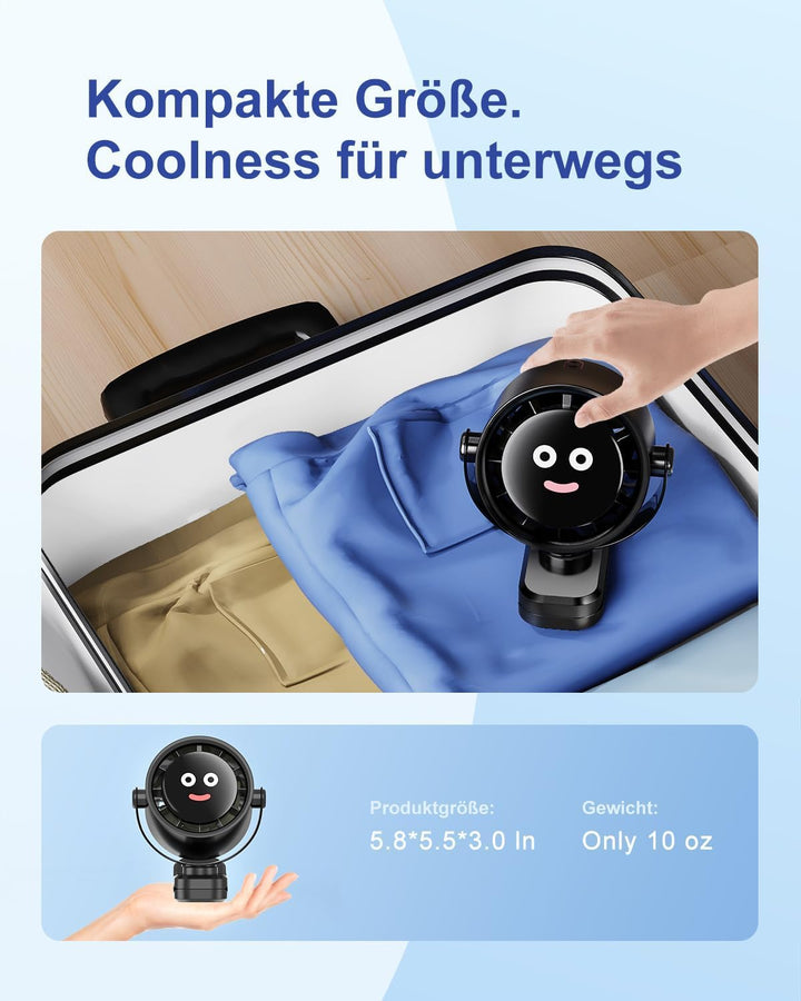 USB-C Ventilator Wiederaufladbar mit Klemme Tischventilator | 5 Geschwindigkeiten, LED Display, 360°