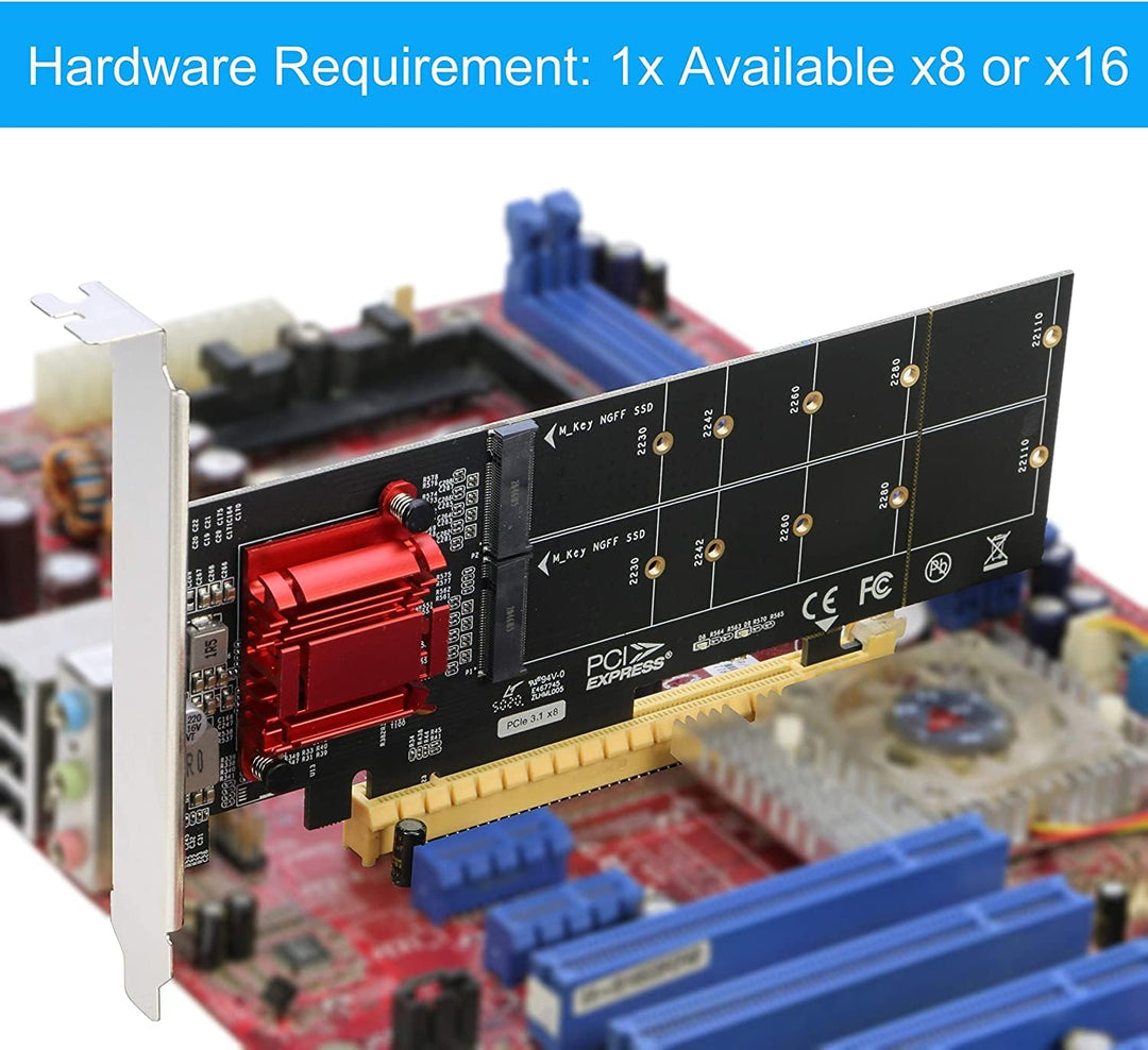 RIITOP Dual M.2 NVMe SSD auf PCIe Express 3.1 x8 x16 Kartenadapter, Unterstützung M-Key M.2 NVMe SSD