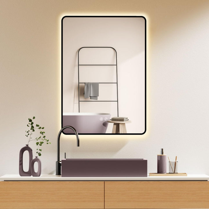 HOKO Antibeschlag LED Badspiegel 50x70 cm / 70x50 cm Kalifornien mit Schwarzer Metallrahmen, HOCH+QU