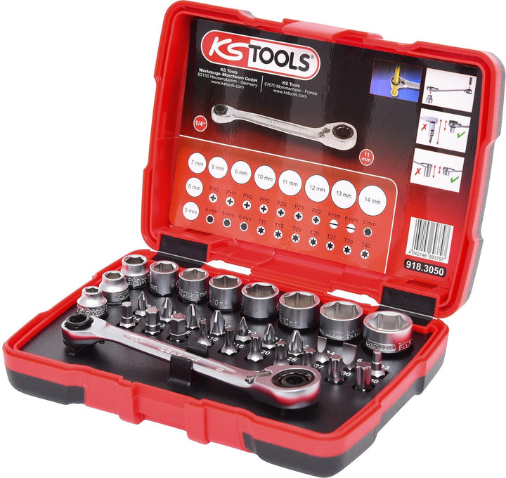 KS Tools 918.3050 1/4" + 11 mm Durchgangs-Steckschlüssel- und Bit-Satz, 31-tlg