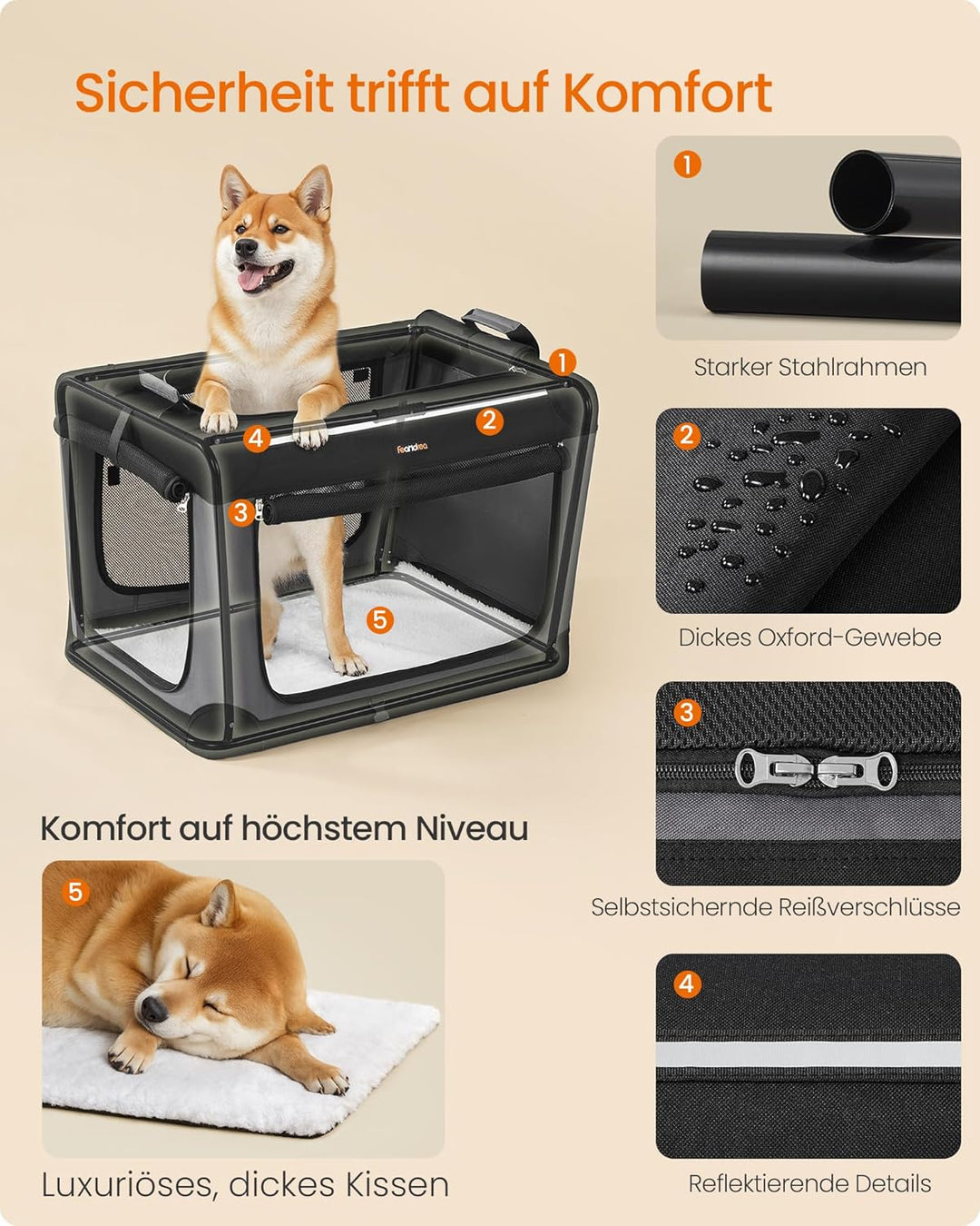 Feandrea Hundebox faltbar, 76,2 cm Transportbox für mittelgrosse Hunde, Hundetasche, Oxford-Gewebe,