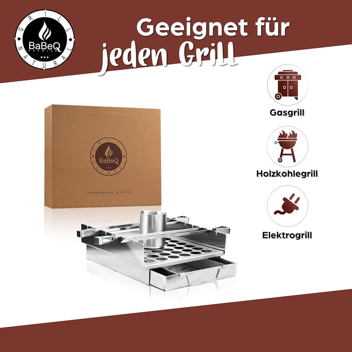 All-in-One Grillhalter aus Edelstahl für Grillspiesse, als Grillkorb, Grillpfanne inkl. Hähnchenbrät
