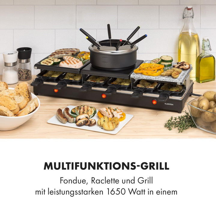 Klarstein Fonduelette XL - 3-in-1 Raclette-Grill & Fondue, 1650 Watt, 3-in-1 Grill: Metall- /Naturst