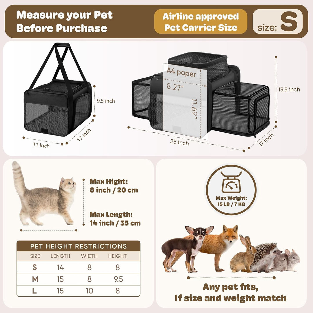 Top and 2 Sides Expandable Pet Carrier 17x11x9.5, TSA Airline Approved Small Dog Carrier for Small D